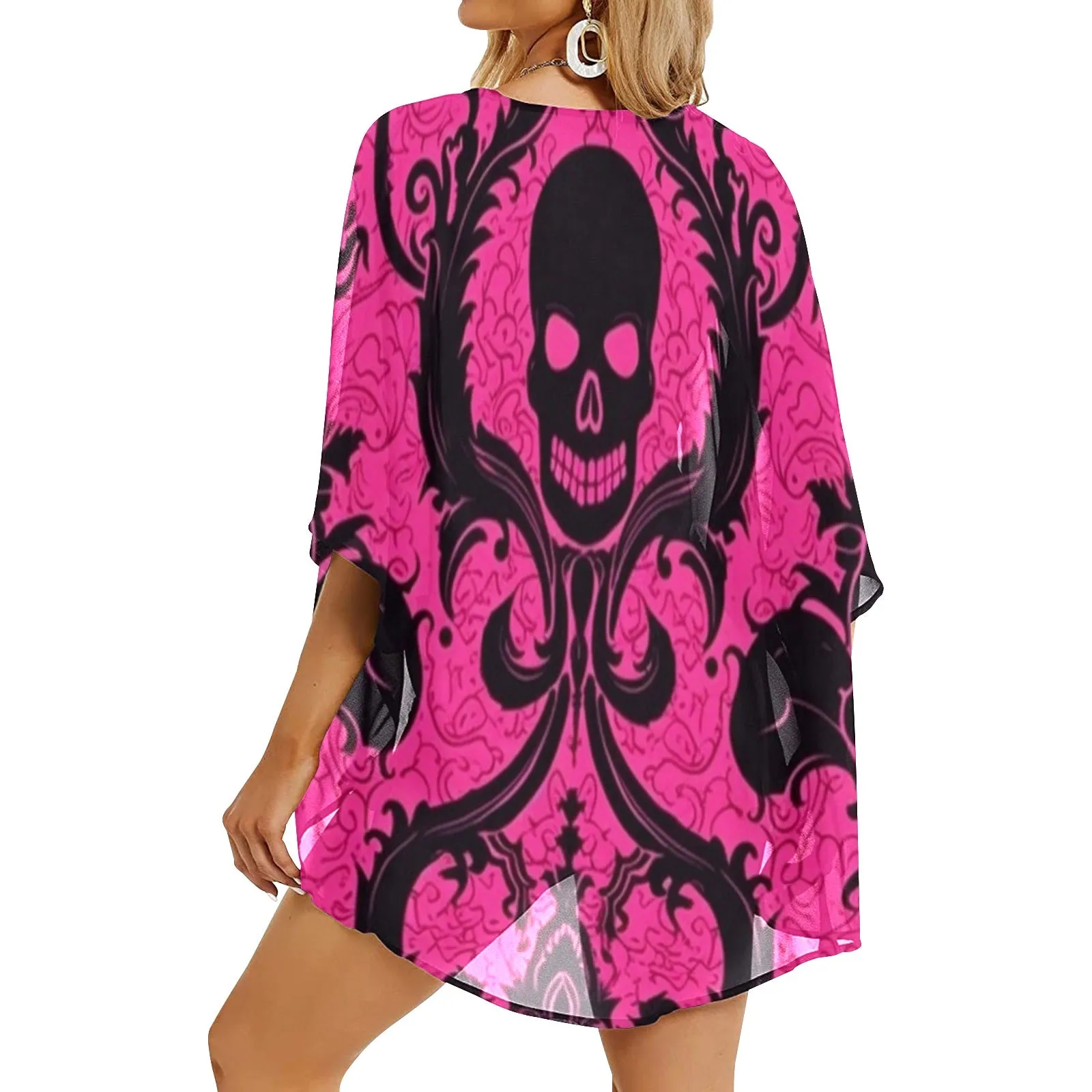 Black Skulls On Pink Kimono Chiffon Cover Up