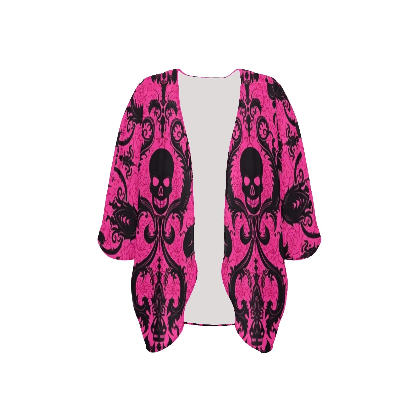 Black Skulls On Pink Kimono Chiffon Cover Up