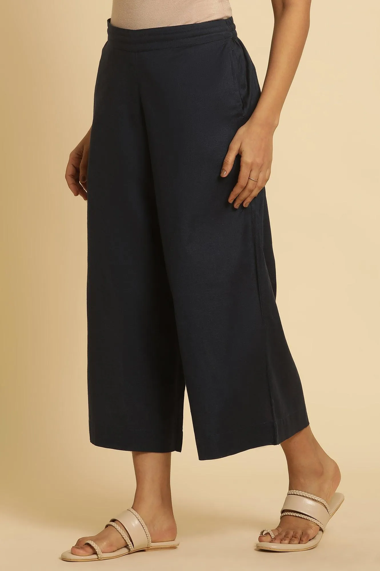 Blue Cotton Flax Flared Pants