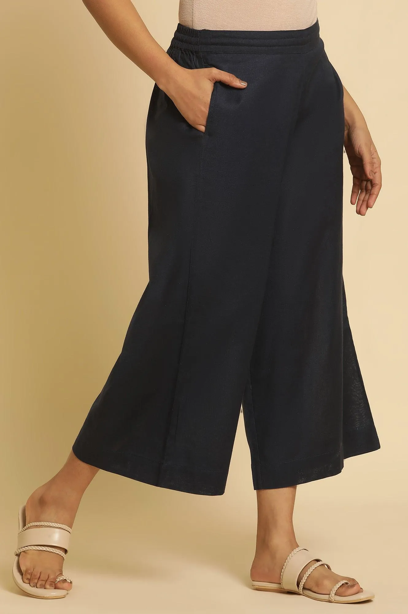 Blue Cotton Flax Flared Pants