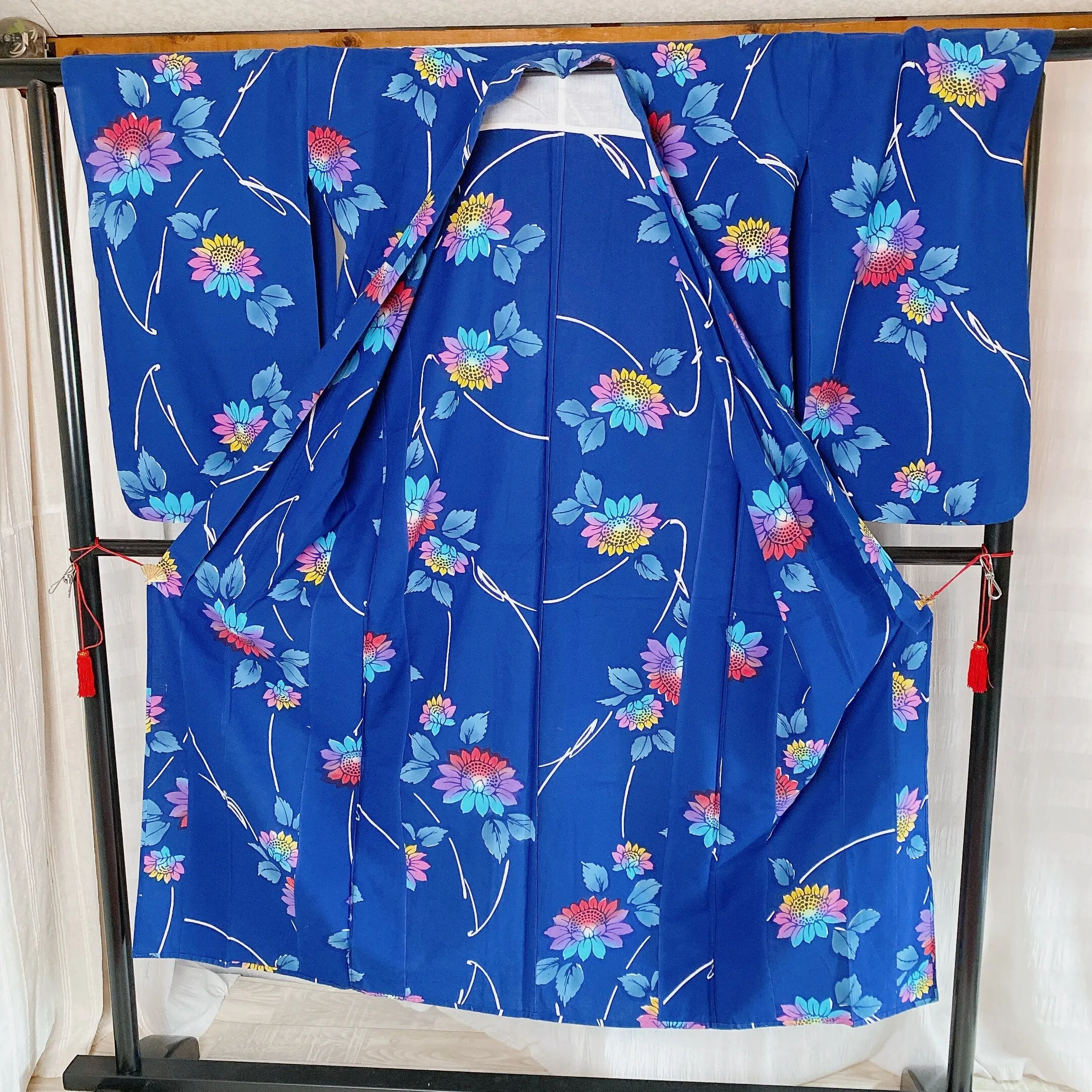 Blue Yukata, Cotton robe, Sunflower pattern, Stunning dressing gown, Japanese style, Long robe, room decor, Floral Summer Kimono
