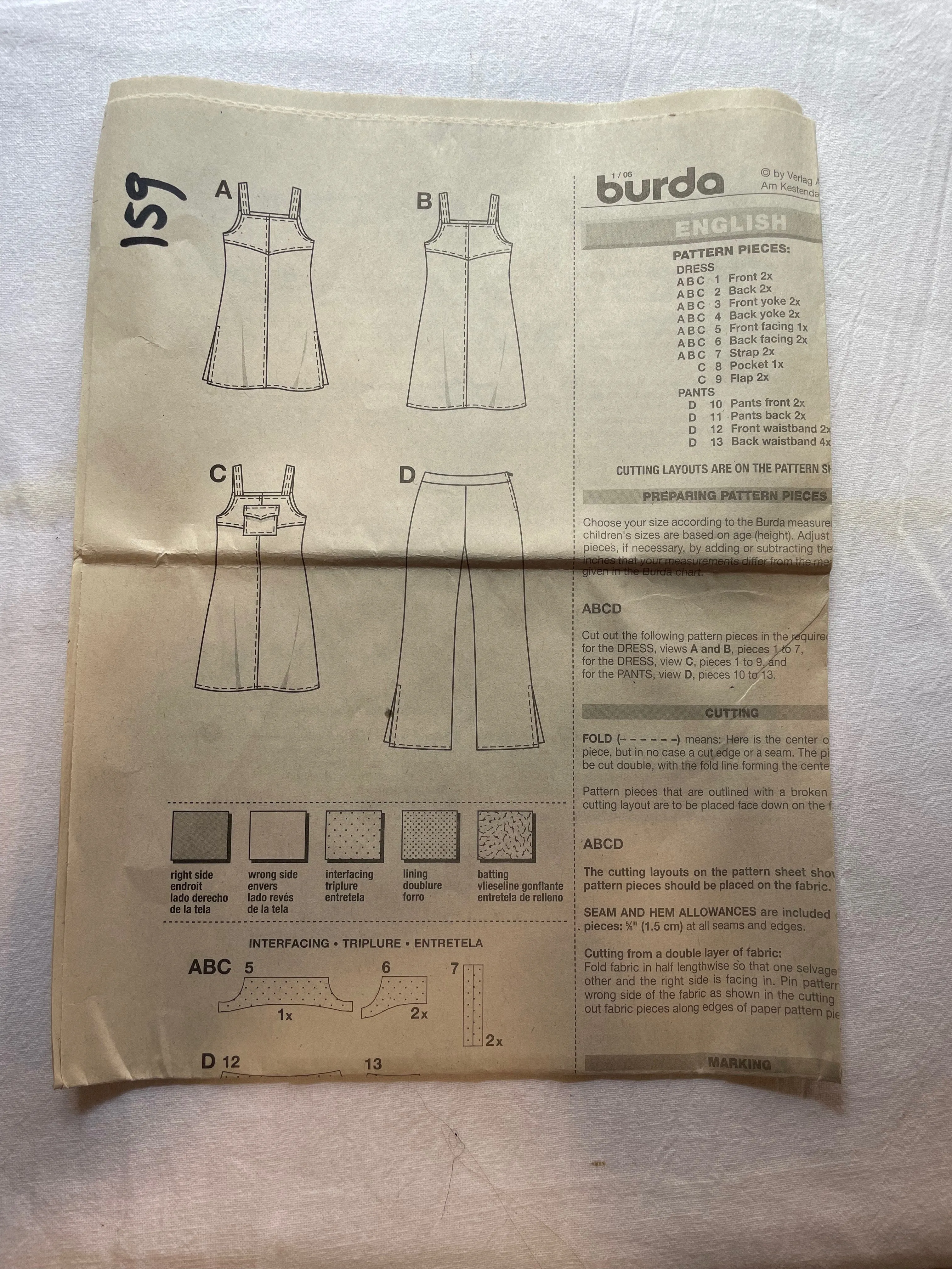 Burda Easy Pattern 9694 PARTIALLY CUT Girl's Dress & Pants, Sizes 7, 8, 9, 10, 11, 12, 13ju, 14ju
