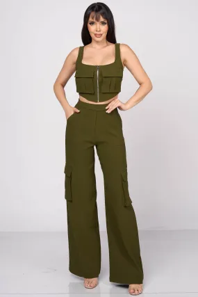 CHIC CARGO ZIPUP CROP TOP & CARGO PANTS SETS