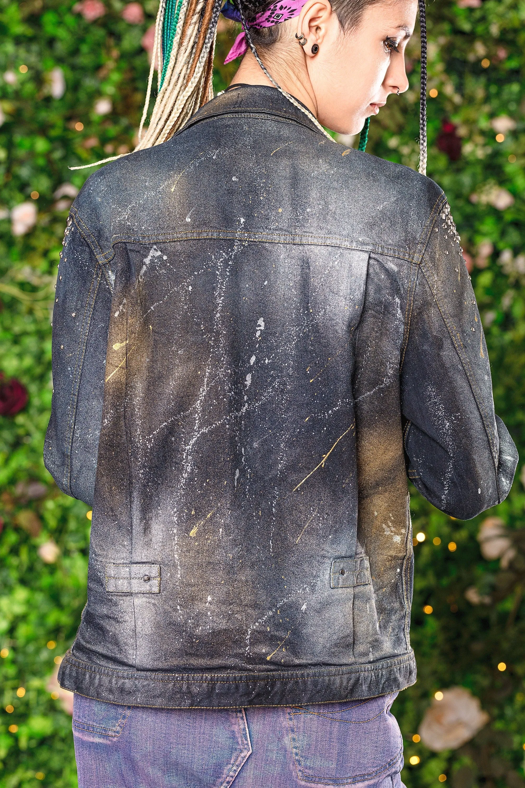 Dark space studded hand painted galaxy denim jacket |   size M
