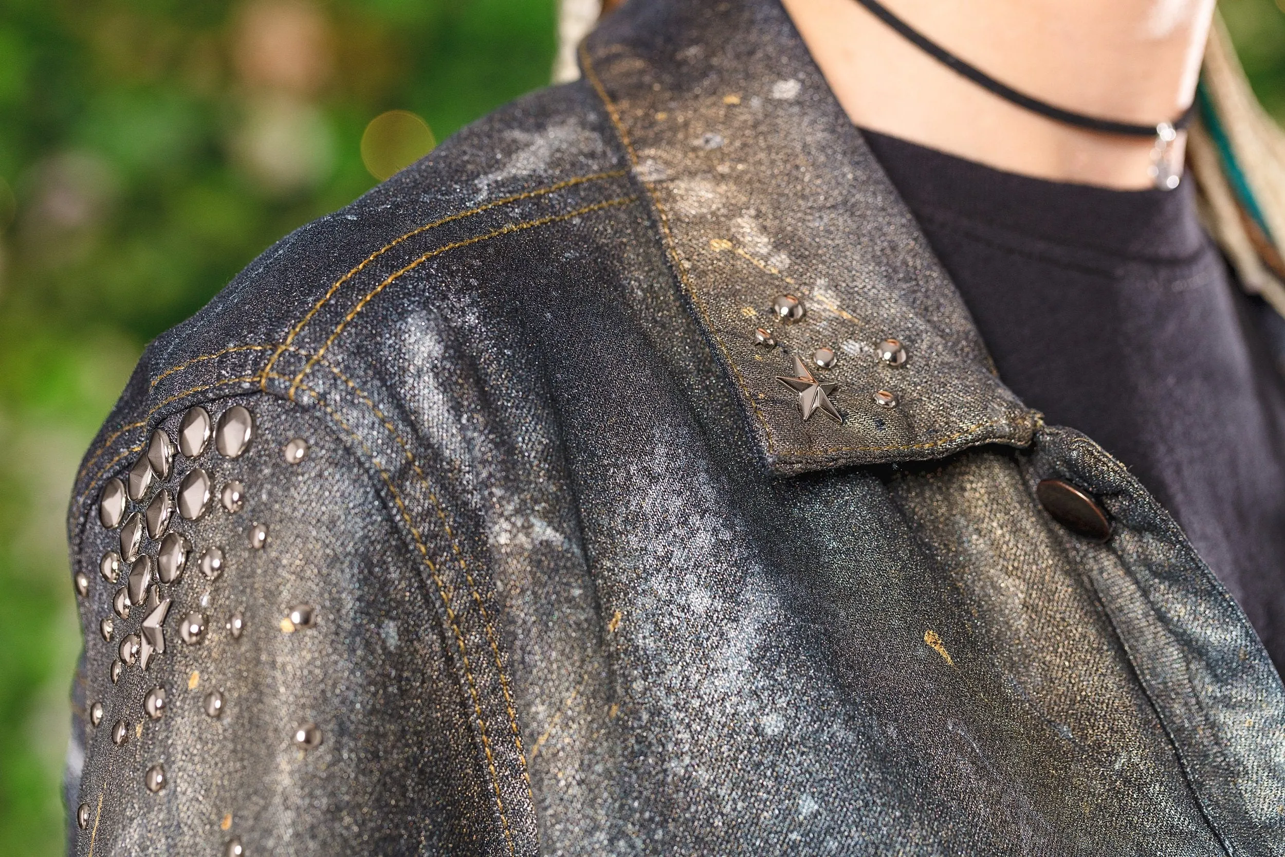 Dark space studded hand painted galaxy denim jacket |   size M