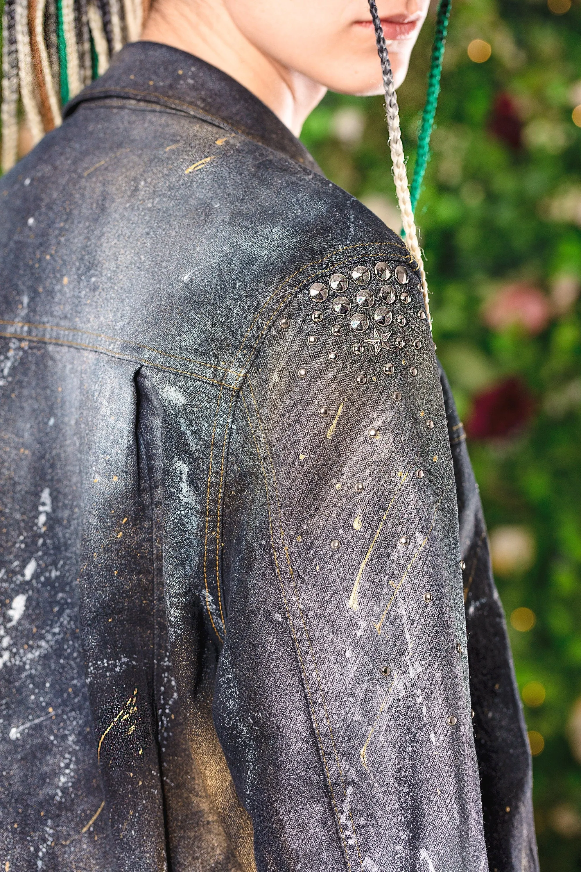 Dark space studded hand painted galaxy denim jacket |   size M