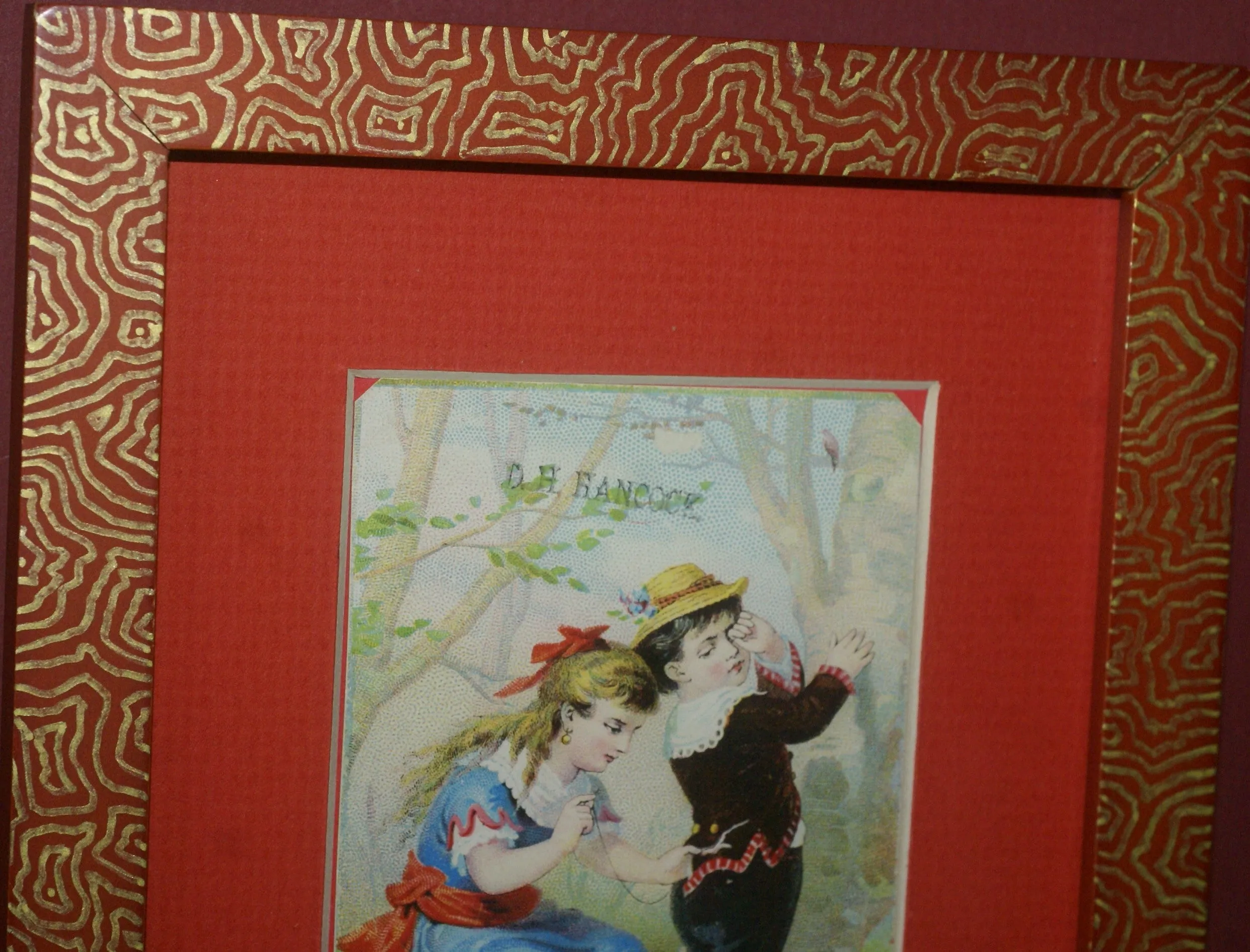 EPHEMERA AMERICANA WHIMSICAL ART: 1800's FRAMED ANTIQUE VICTORIAN ADVERTISING TRADE CARD: CLARK'S GIRL SEWS BOY'S PANTS (DFPO1T) HAND PAINTED FRAME BY ARTIST QUITE UNIQUE  COLLECTOR COLLECTIBLE WALL DÉCOR UNIQUE CHILD’S ROOM