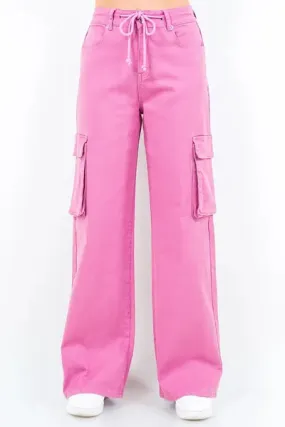 Fuchsia Pink Drawstring Wide Leg Cargo Pants