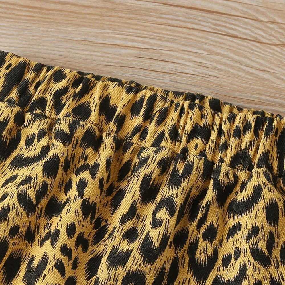 Girls Solid Long Sleeve Top & Leopard Flared Pants Kids Wholesale clothes