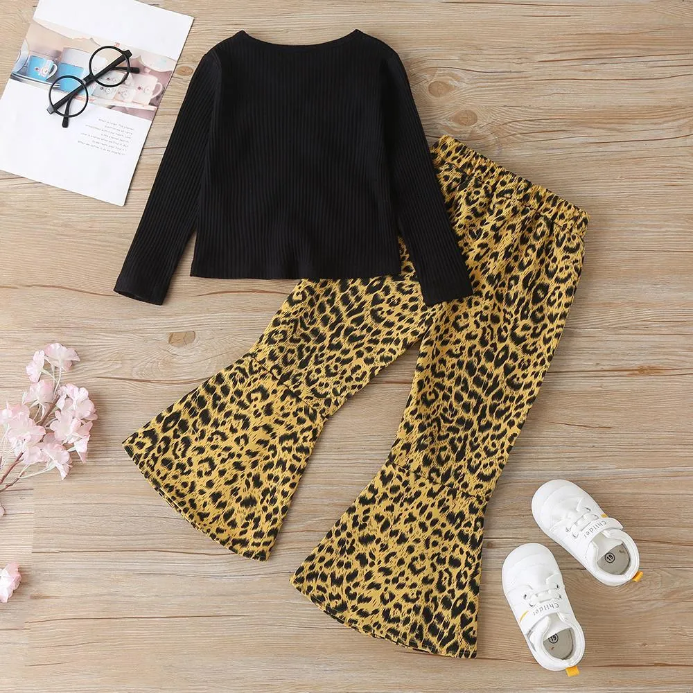 Girls Solid Long Sleeve Top & Leopard Flared Pants Kids Wholesale clothes