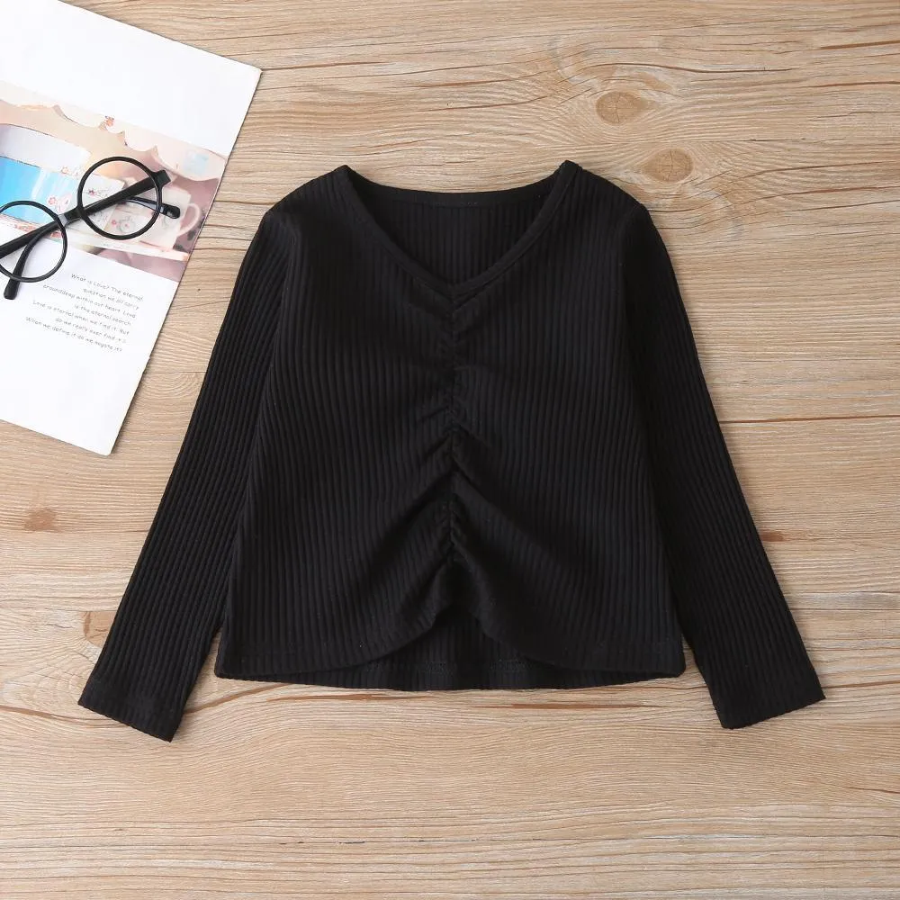 Girls Solid Long Sleeve Top & Leopard Flared Pants Kids Wholesale clothes