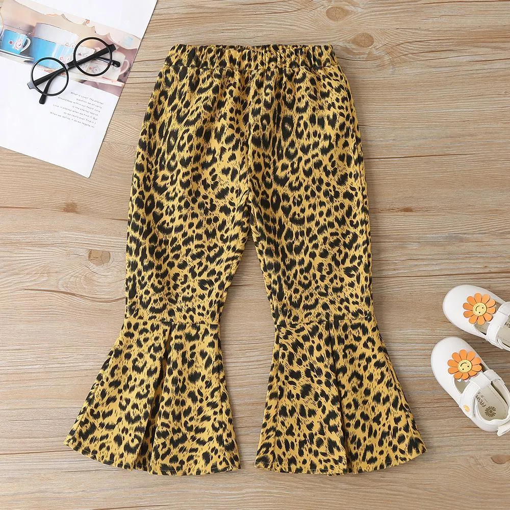 Girls Solid Long Sleeve Top & Leopard Flared Pants Kids Wholesale clothes