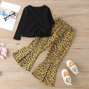 Girls Solid Long Sleeve Top & Leopard Flared Pants Kids Wholesale clothes