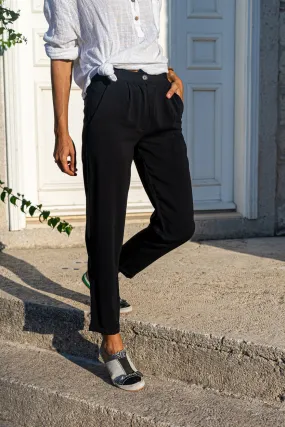 GNS Women's Black High Waist Pocket Pleated Wide Leg Pants GK-BST3173 - Belleville