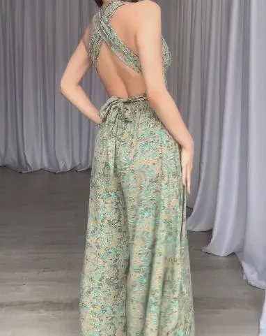 Green Printed Back Cross Tie Jumpsuit