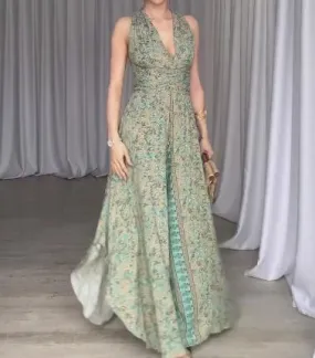 Green Printed Back Cross Tie Jumpsuit
