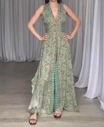 Green Printed Back Cross Tie Jumpsuit