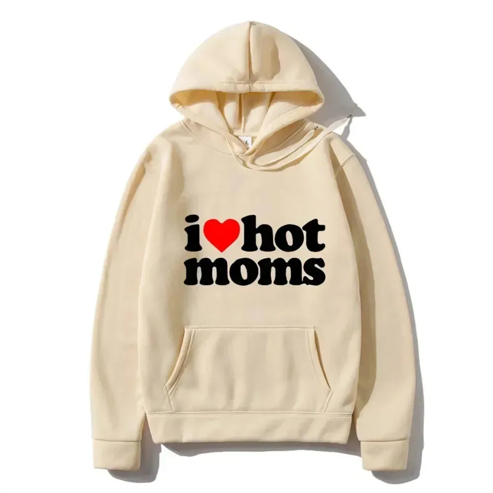 I Love Hot Moms Hoodie – Funny Red Heart Print, Casual Pullover Sweatshirt for Men & Women