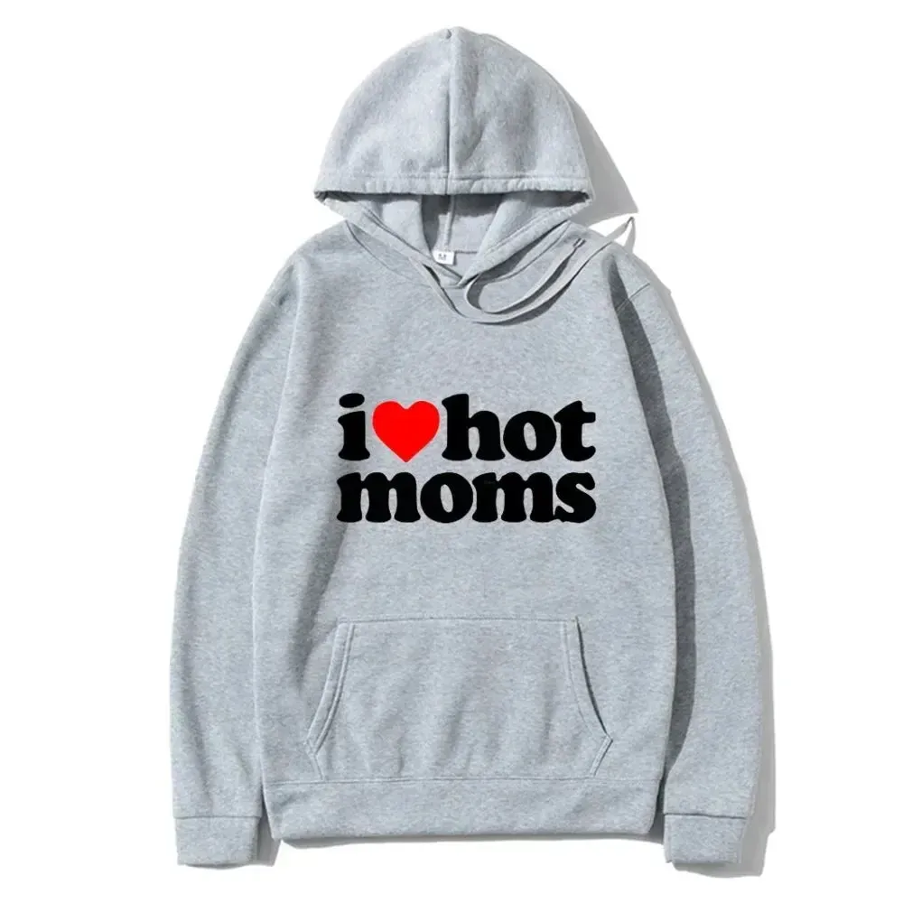 I Love Hot Moms Hoodie – Funny Red Heart Print, Casual Pullover Sweatshirt for Men & Women