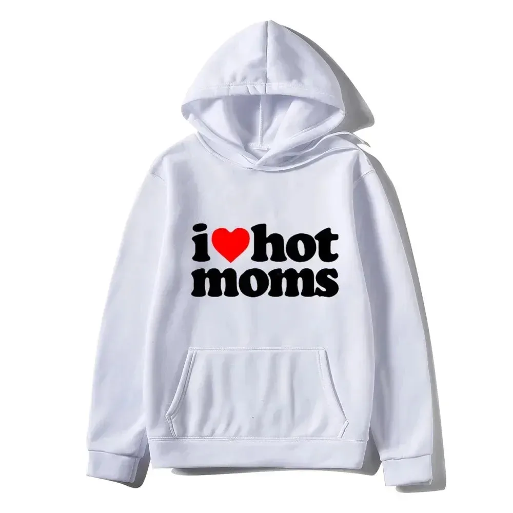 I Love Hot Moms Hoodie – Funny Red Heart Print, Casual Pullover Sweatshirt for Men & Women