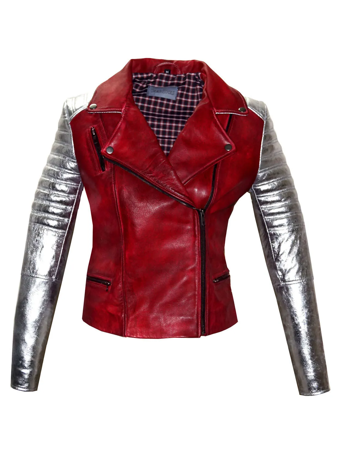 Leather Christmas Vintage Motorcycle Biker Women Jacket with Metallic Silver Padded Sleeve