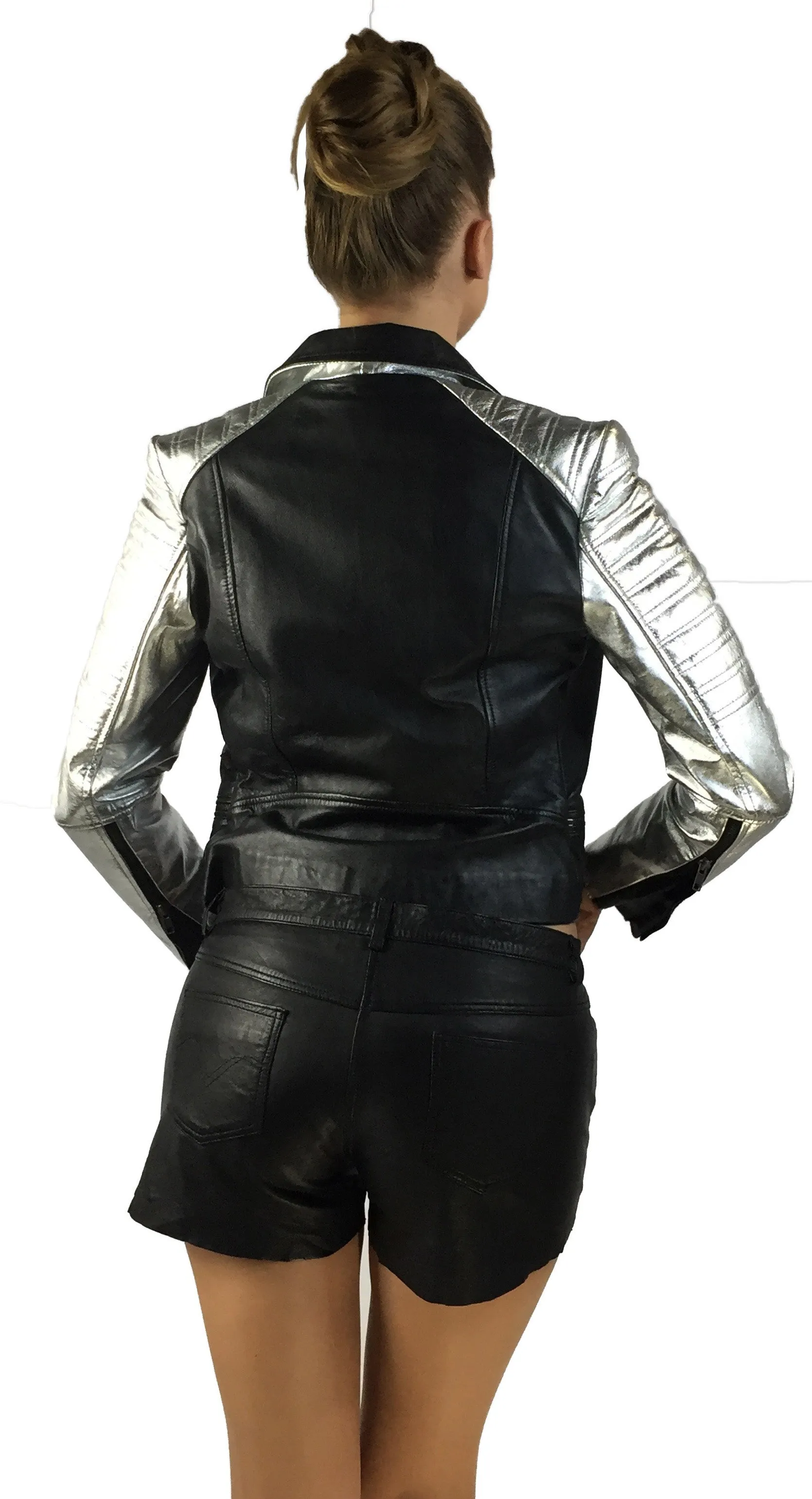 Leather Christmas Vintage Motorcycle Biker Women Jacket with Metallic Silver Padded Sleeve