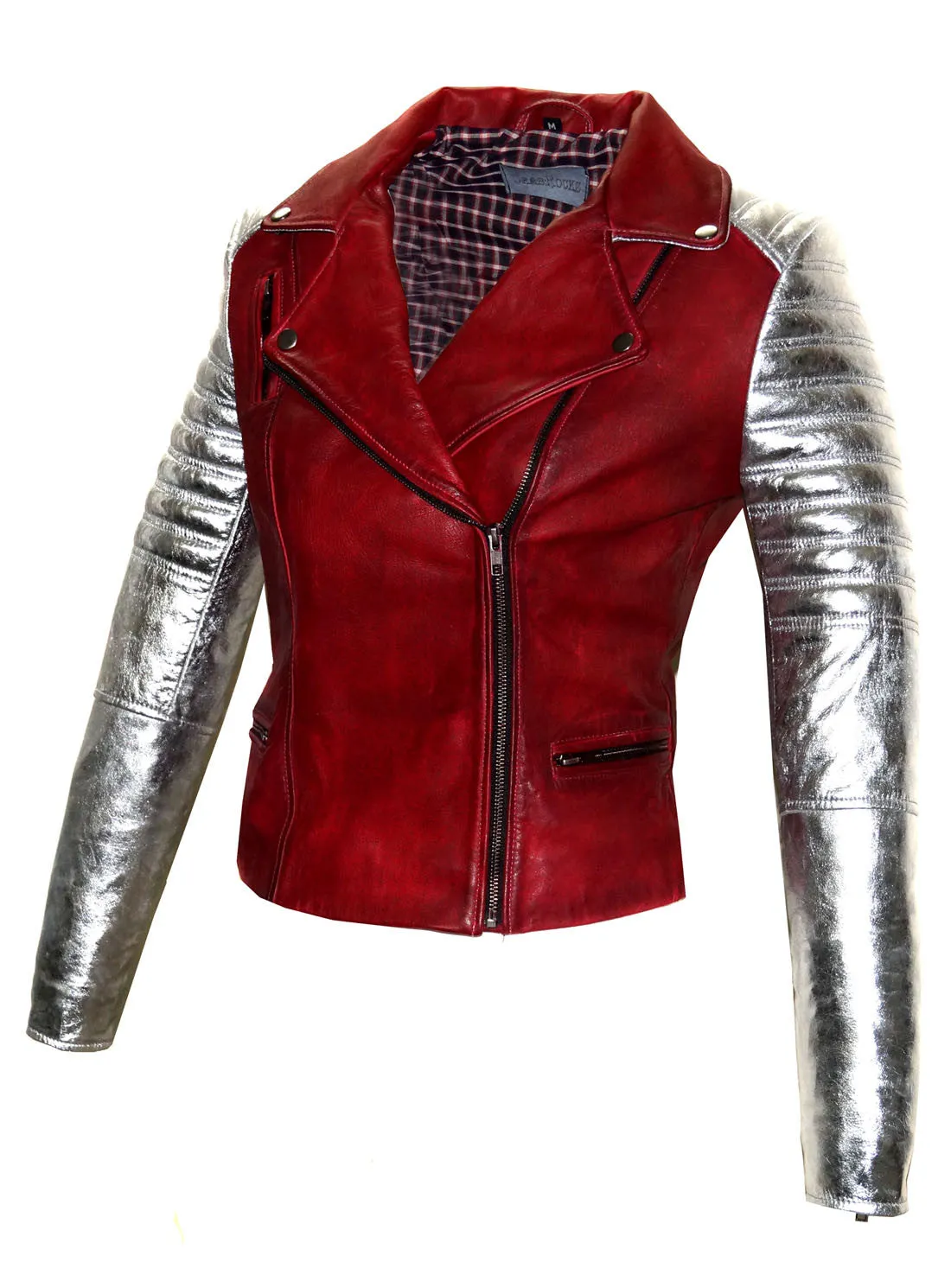 Leather Christmas Vintage Motorcycle Biker Women Jacket with Metallic Silver Padded Sleeve