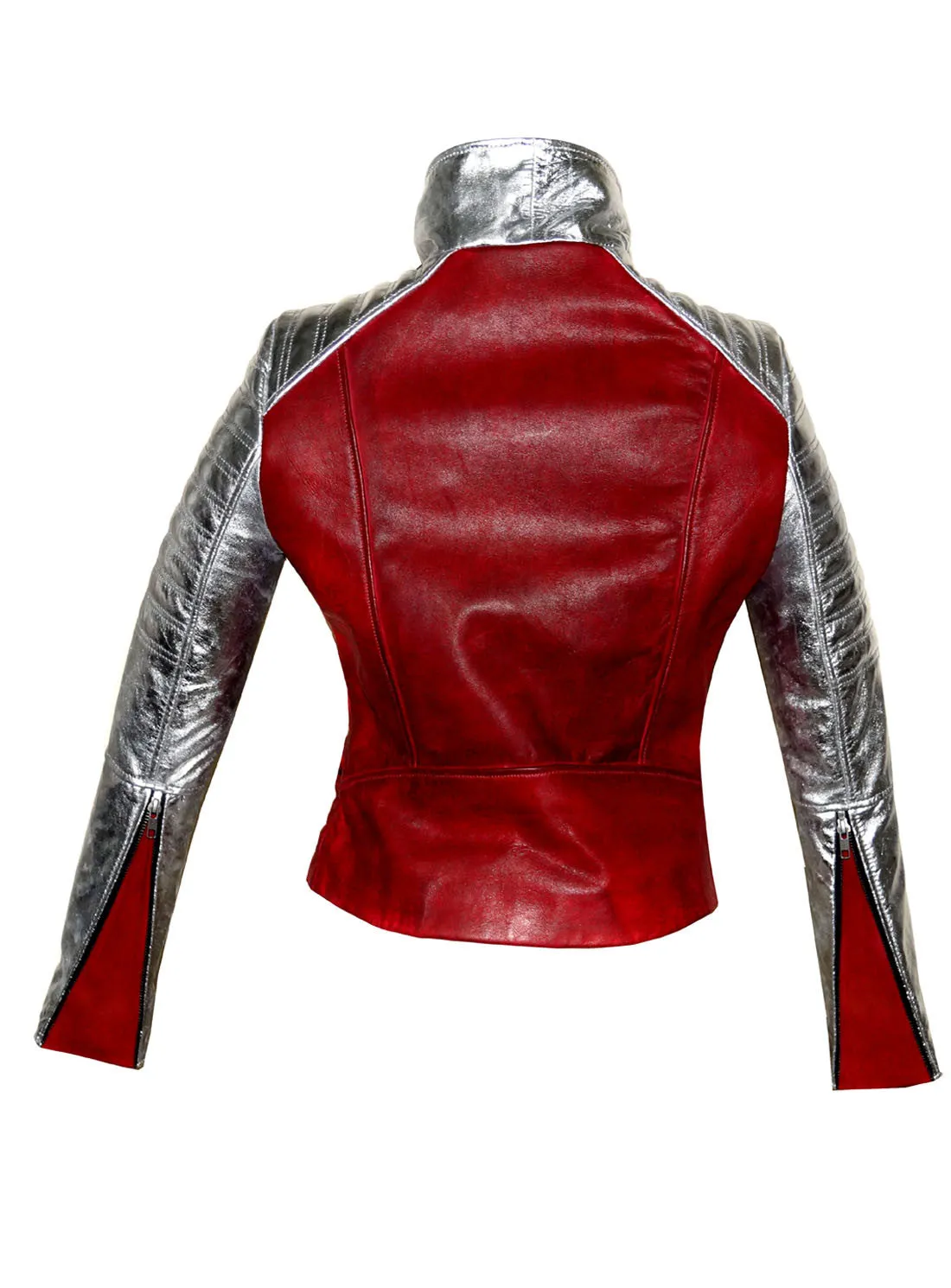 Leather Christmas Vintage Motorcycle Biker Women Jacket with Metallic Silver Padded Sleeve