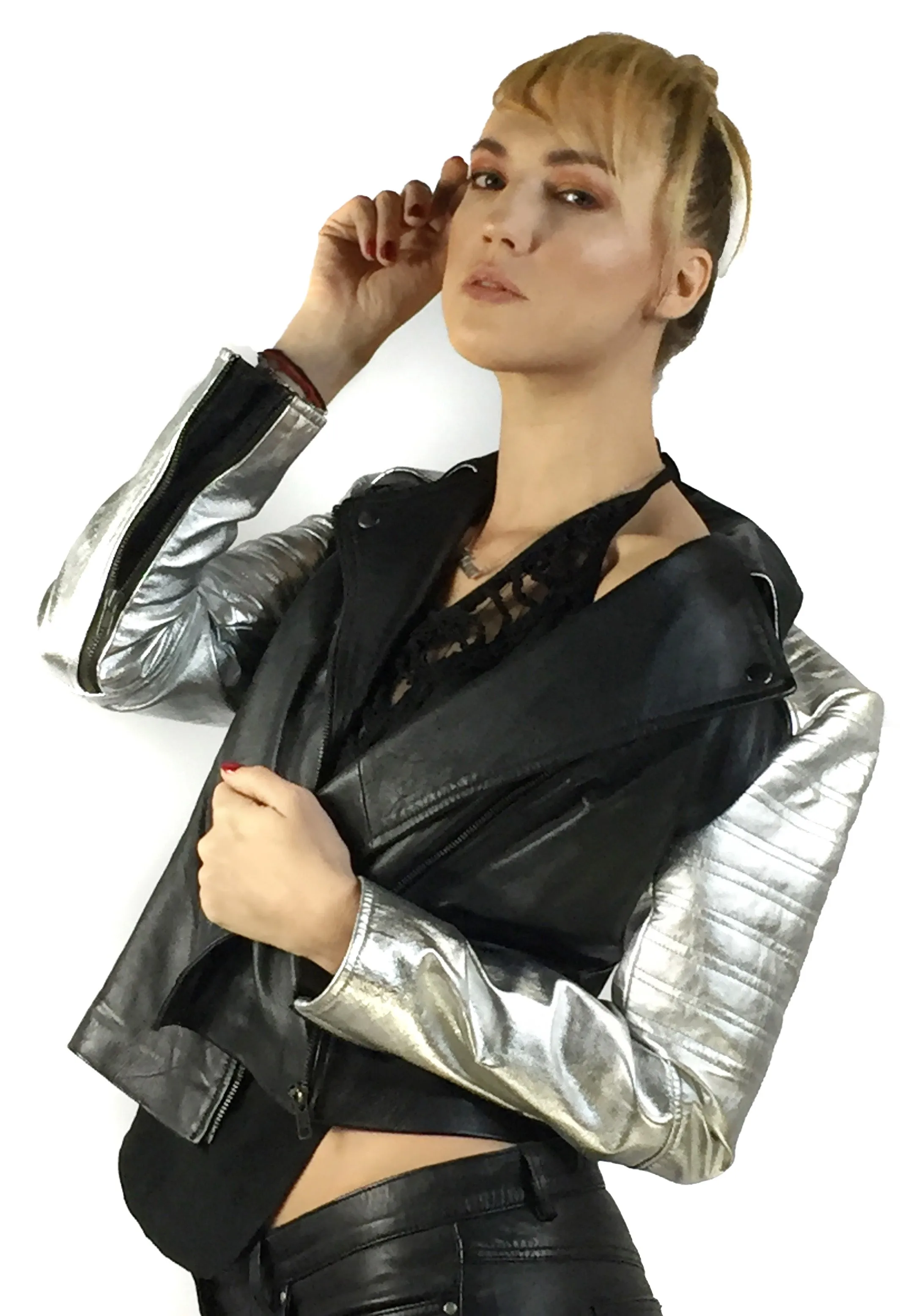 Leather Christmas Vintage Motorcycle Biker Women Jacket with Metallic Silver Padded Sleeve