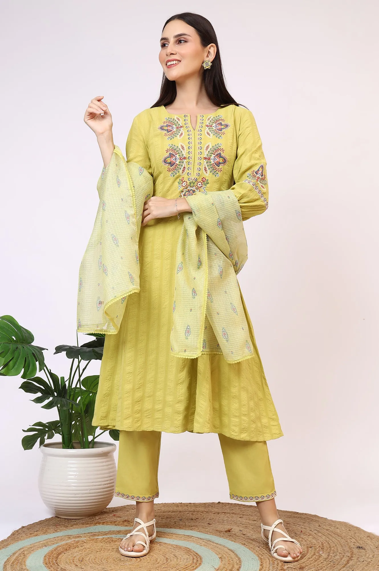 Light Green Embroidered Seer Sucker Flared Kurta, Pants and Dupatta Set