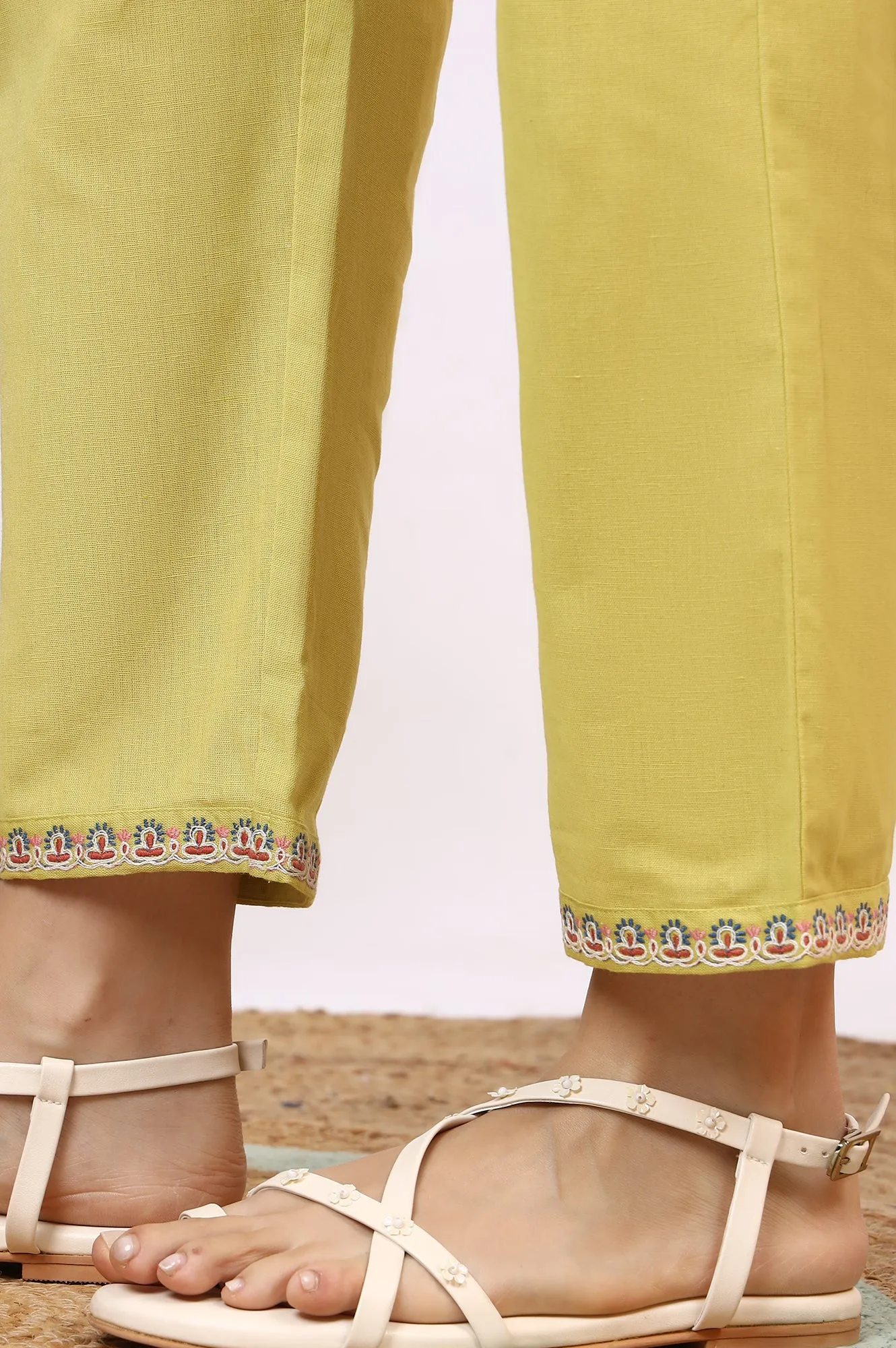 Light Green Embroidered Seer Sucker Flared Kurta, Pants and Dupatta Set