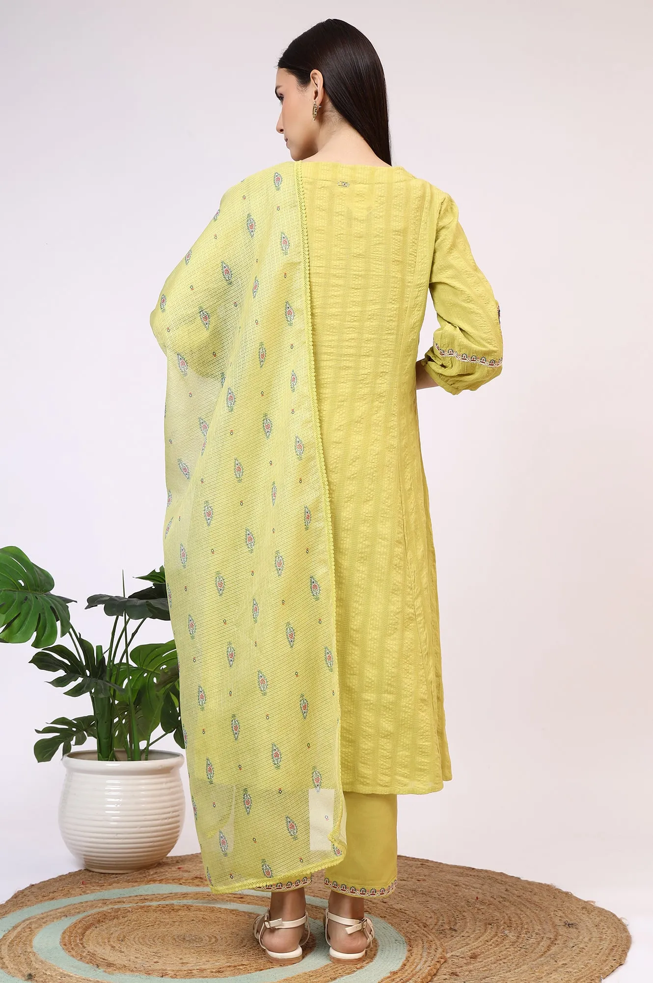 Light Green Embroidered Seer Sucker Flared Kurta, Pants and Dupatta Set