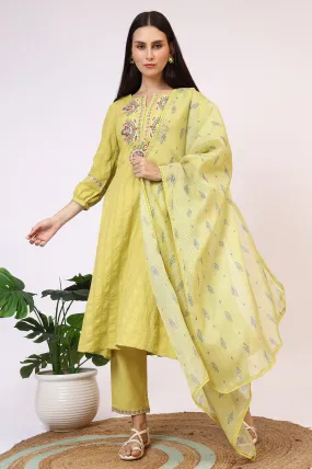 Light Green Embroidered Seer Sucker Flared Kurta, Pants and Dupatta Set