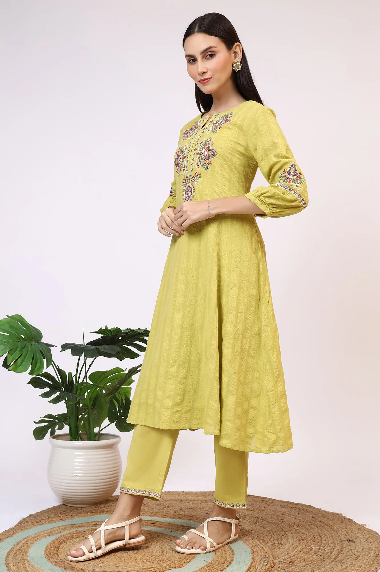 Light Green Embroidered Seer Sucker Flared Kurta, Pants and Dupatta Set