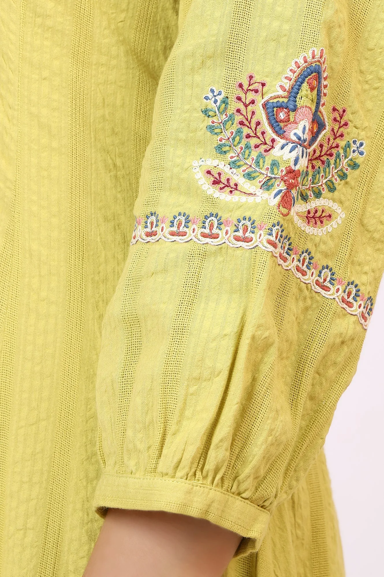 Light Green Embroidered Seer Sucker Flared Kurta, Pants and Dupatta Set