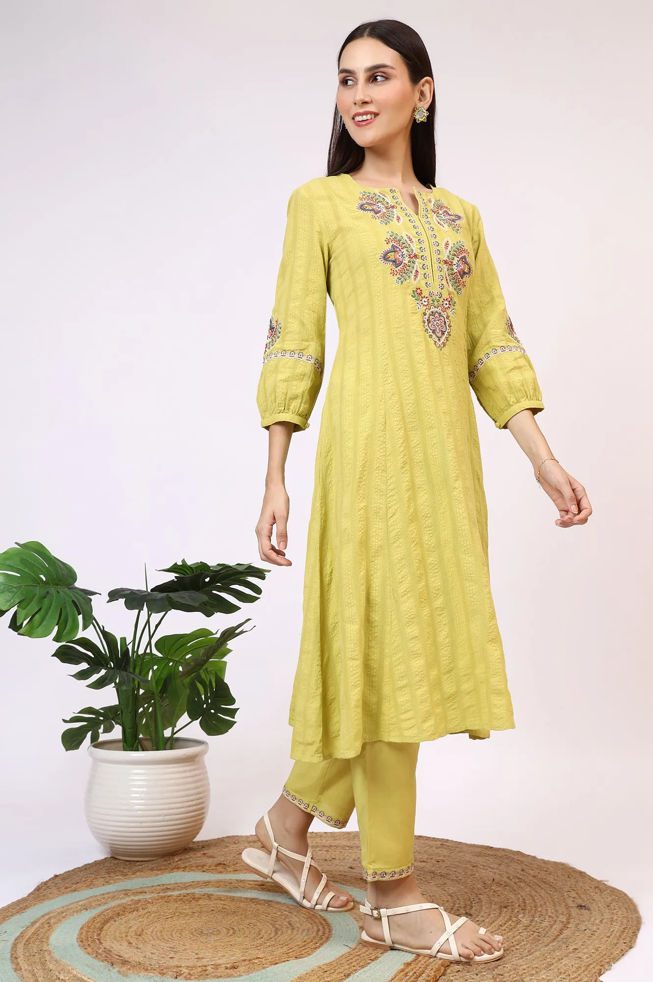 Light Green Embroidered Seer Sucker Flared Kurta, Pants and Dupatta Set
