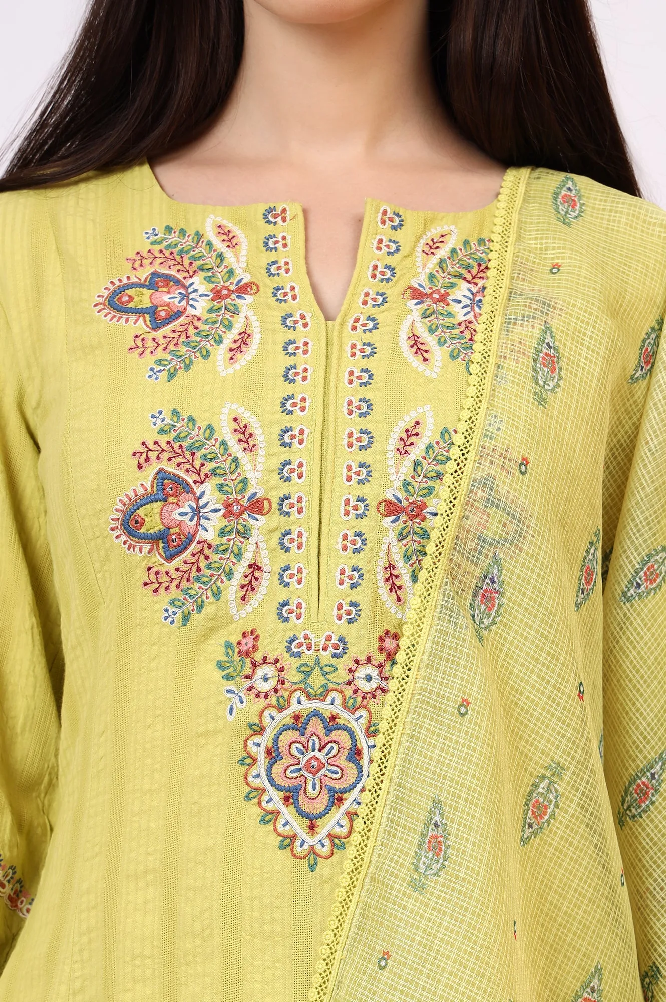 Light Green Embroidered Seer Sucker Flared Kurta, Pants and Dupatta Set