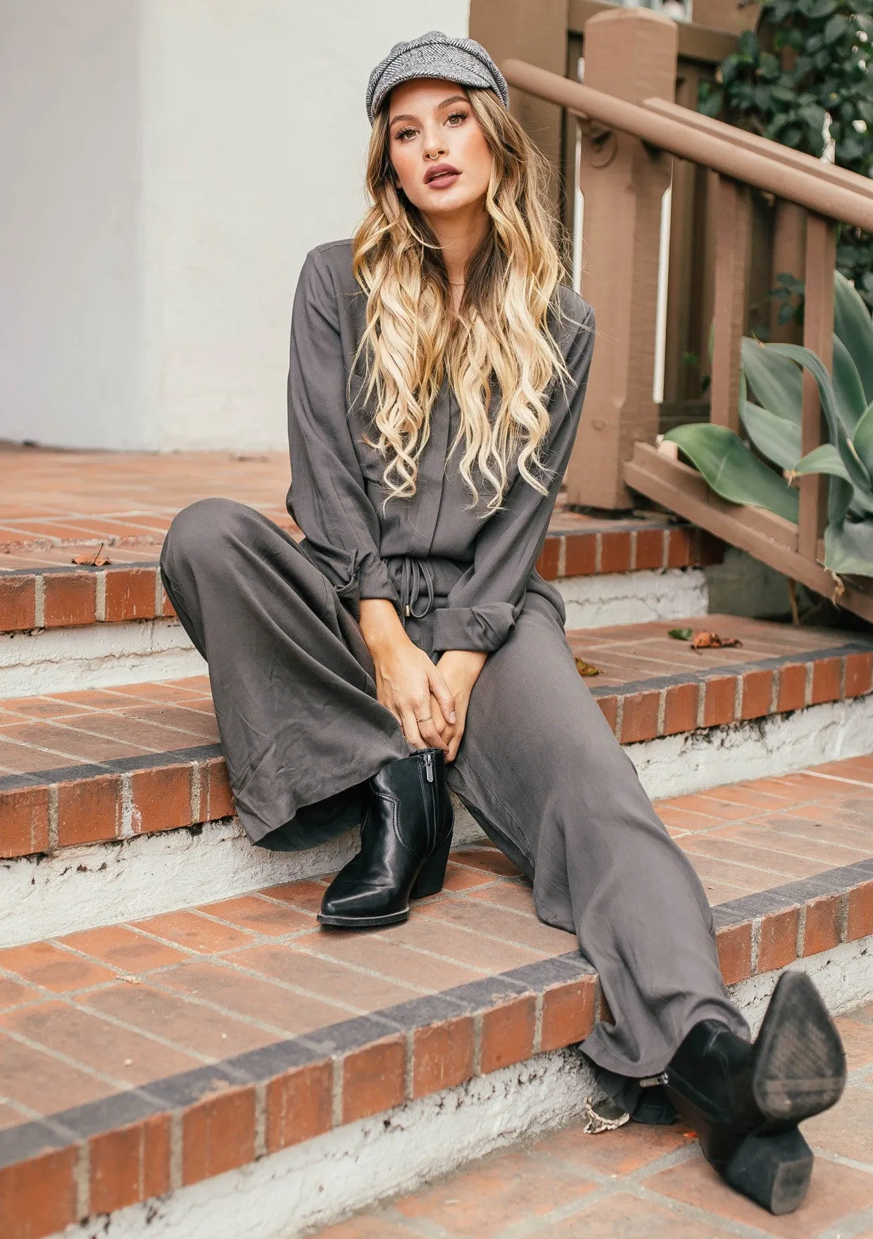 Long Sleeve Front Drawstring Wide Leg Jumpsuit