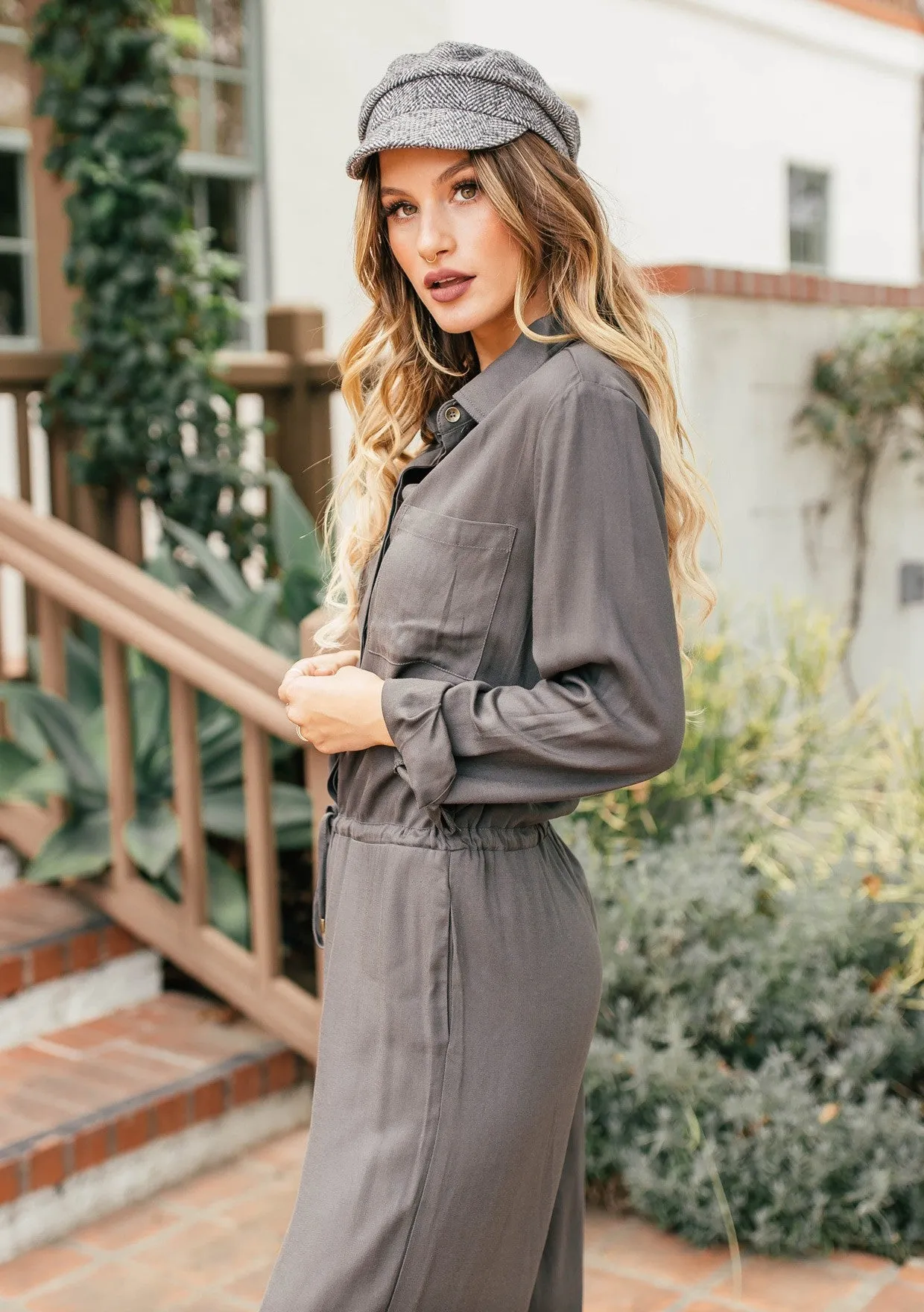 Long Sleeve Front Drawstring Wide Leg Jumpsuit