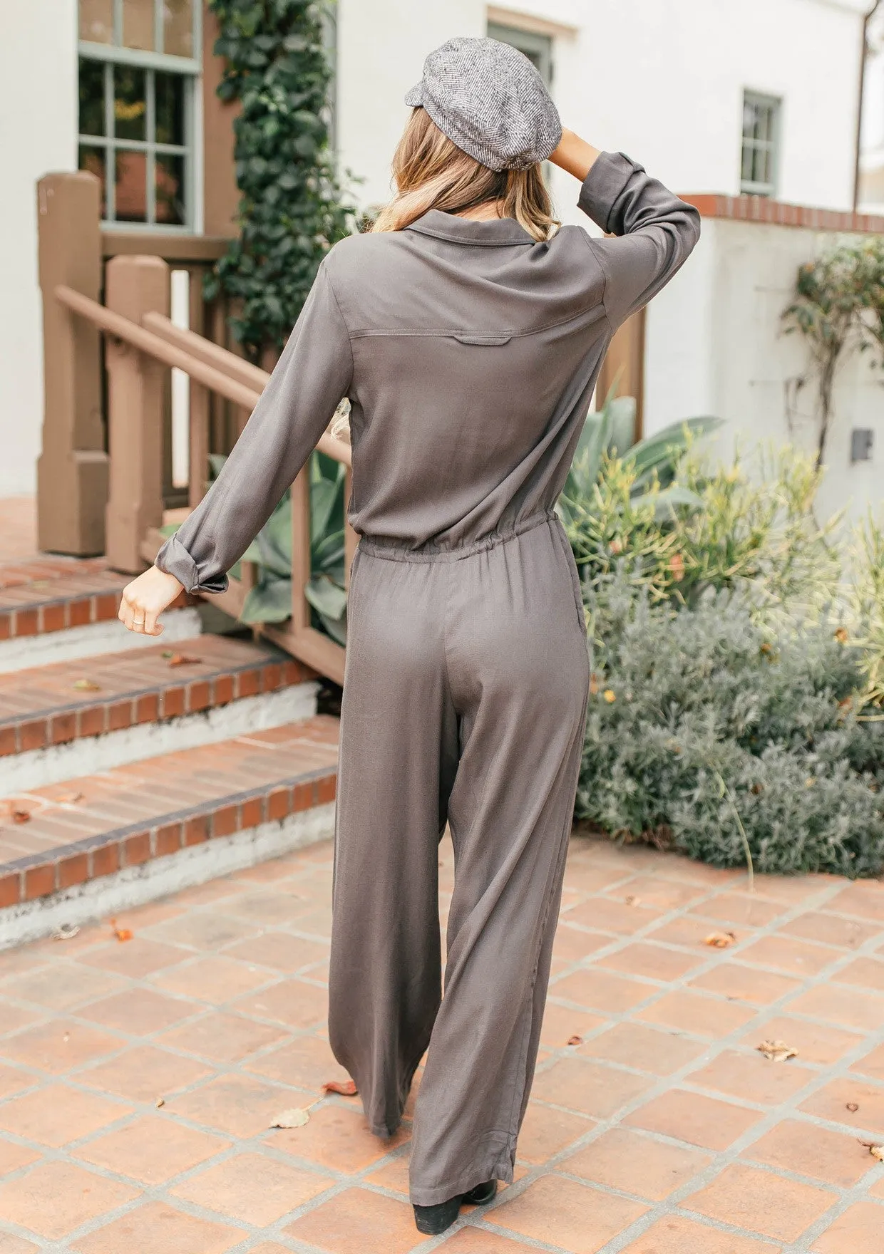 Long Sleeve Front Drawstring Wide Leg Jumpsuit