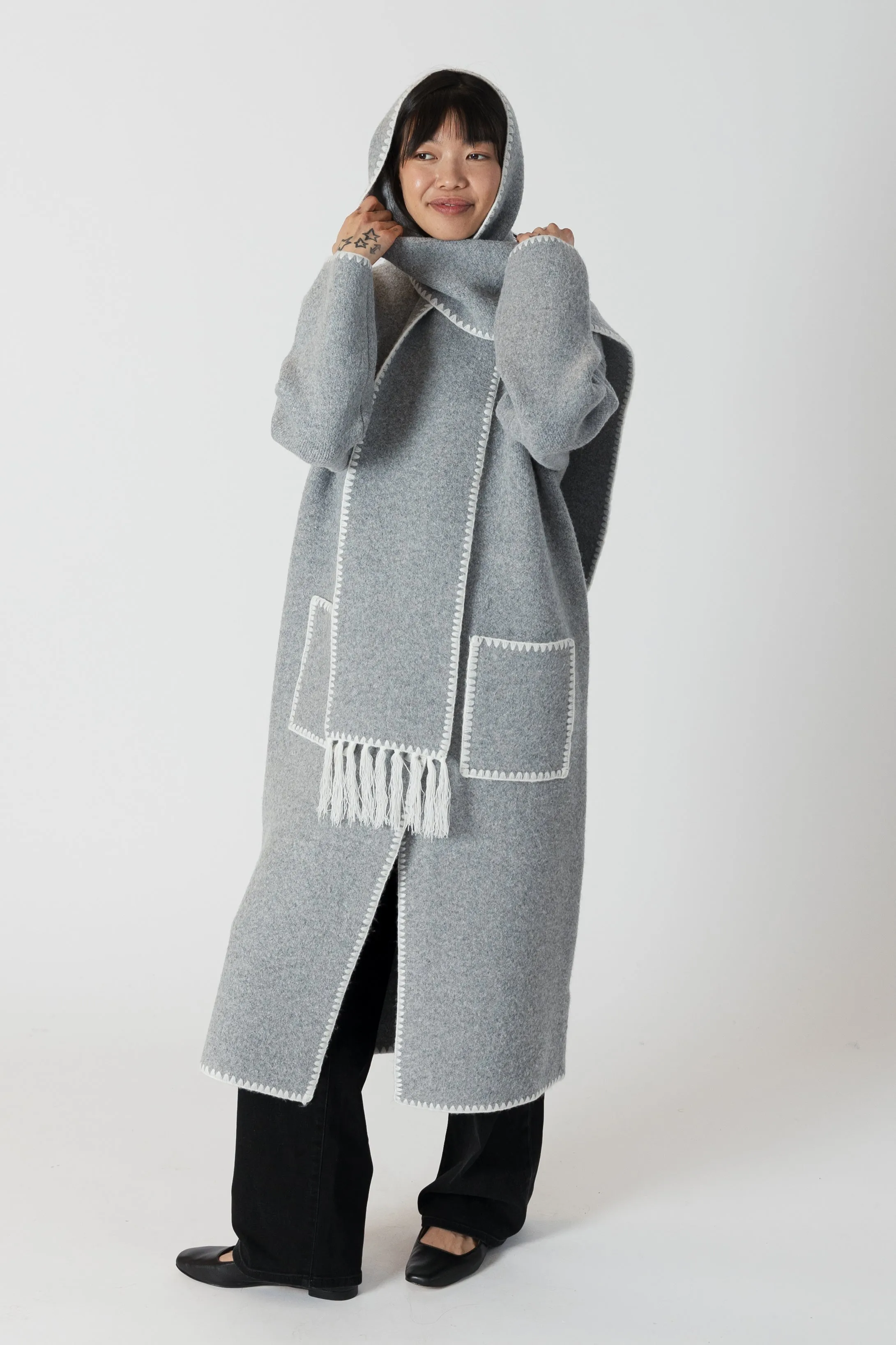 Lyla & Luxe - Delaney - Long Coat w/ Scarf Whip Stitch in Medium Grey