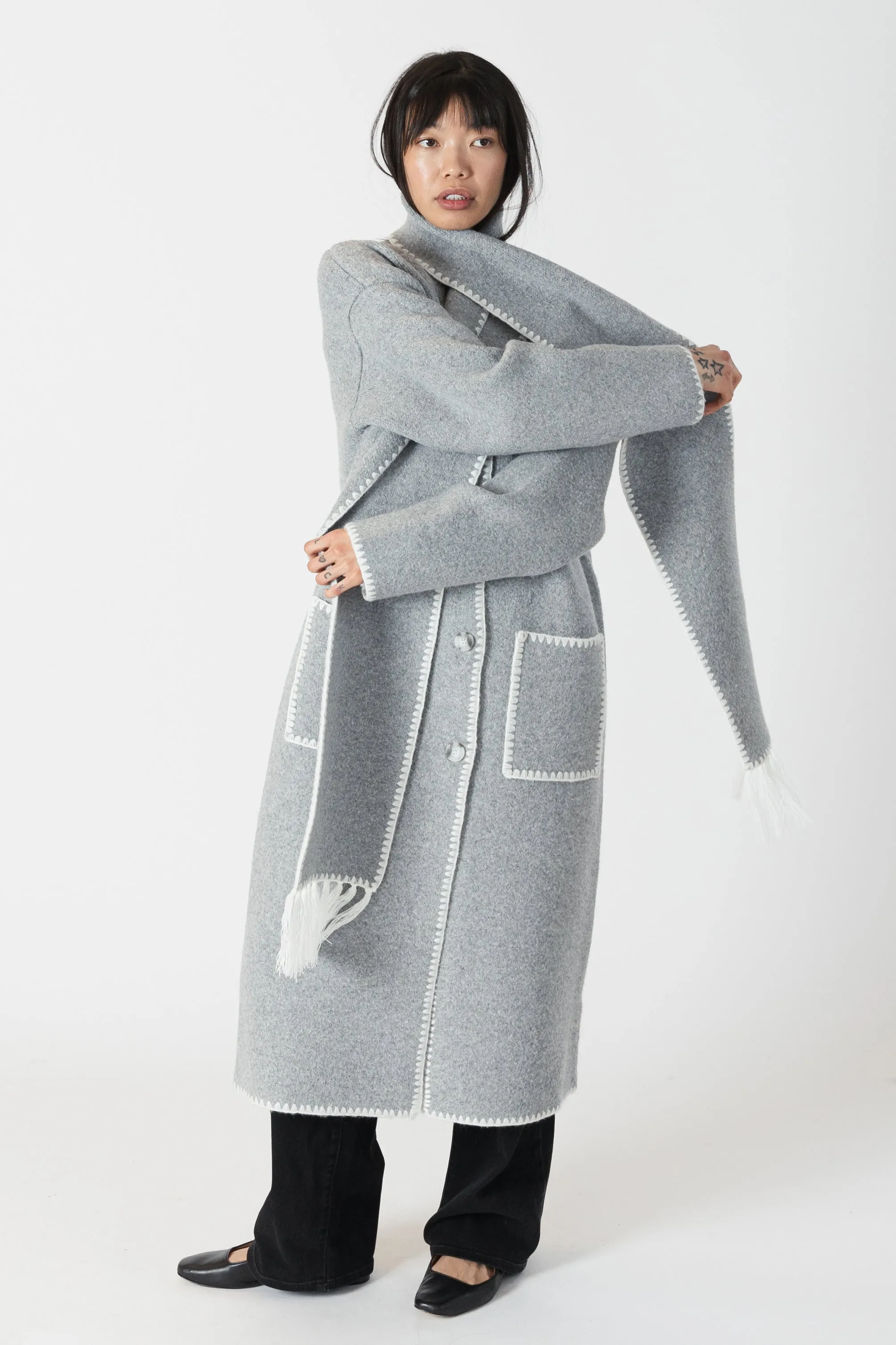 Lyla & Luxe - Delaney - Long Coat w/ Scarf Whip Stitch in Medium Grey