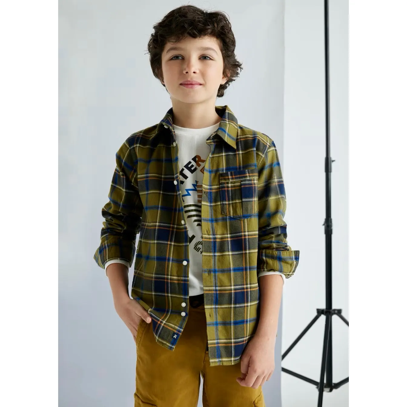 Mayoral Older Boys Khaki Checked Shirt 7111