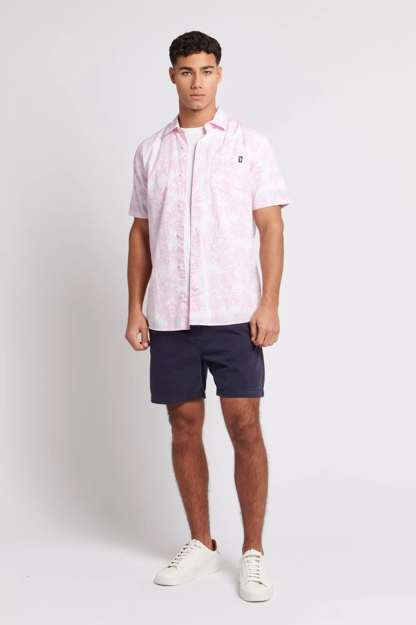 Mens Hibiscus Floral Print Short Sleeve Shirt in Orchid Pink