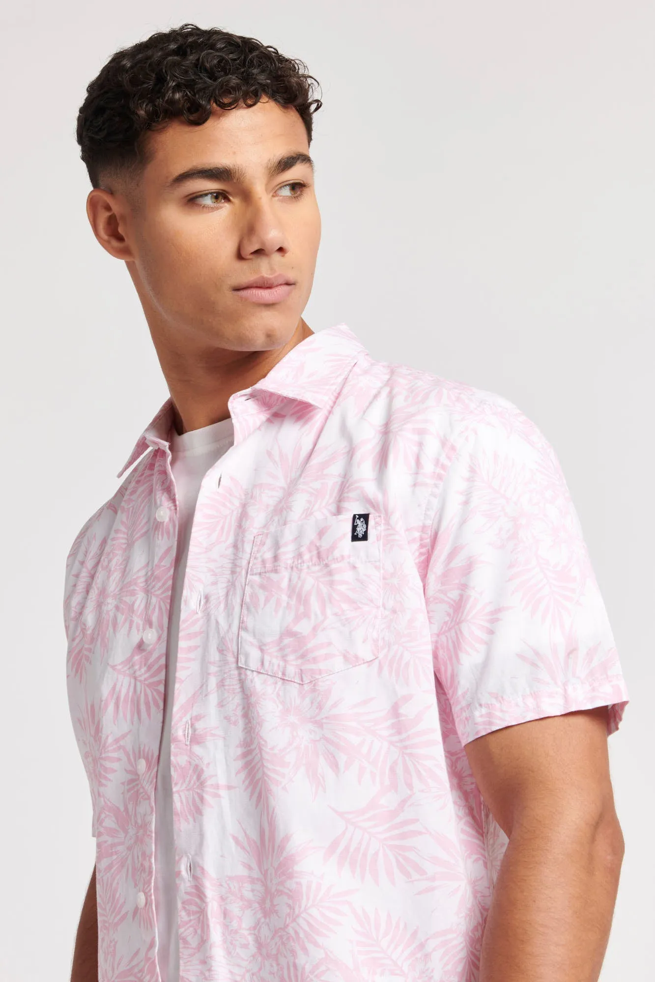 Mens Hibiscus Floral Print Short Sleeve Shirt in Orchid Pink