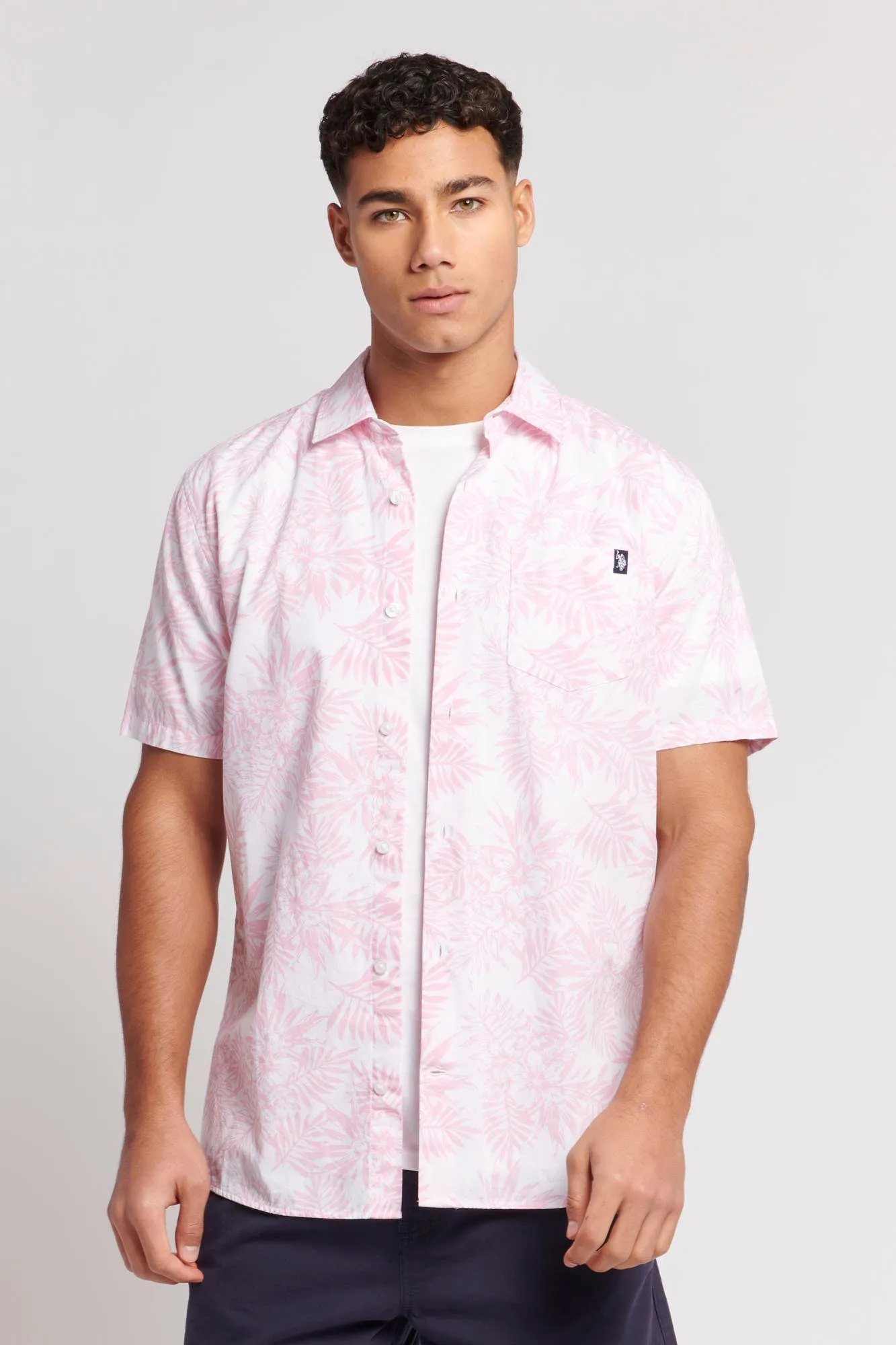 Mens Hibiscus Floral Print Short Sleeve Shirt in Orchid Pink
