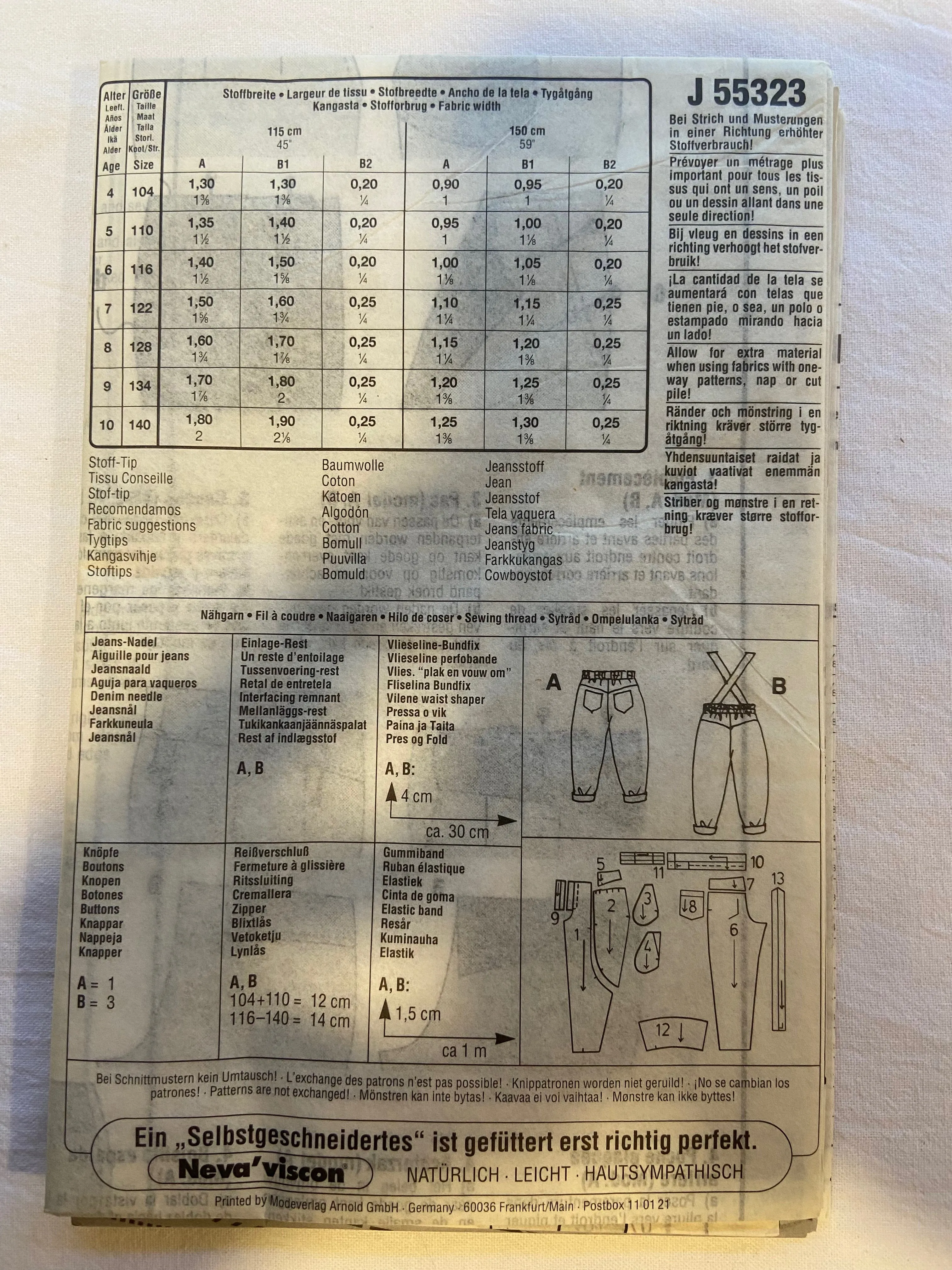Neue Mode J55323 Pattern UNCUT Childrens' Pants w/ Suspenders ages 4-10