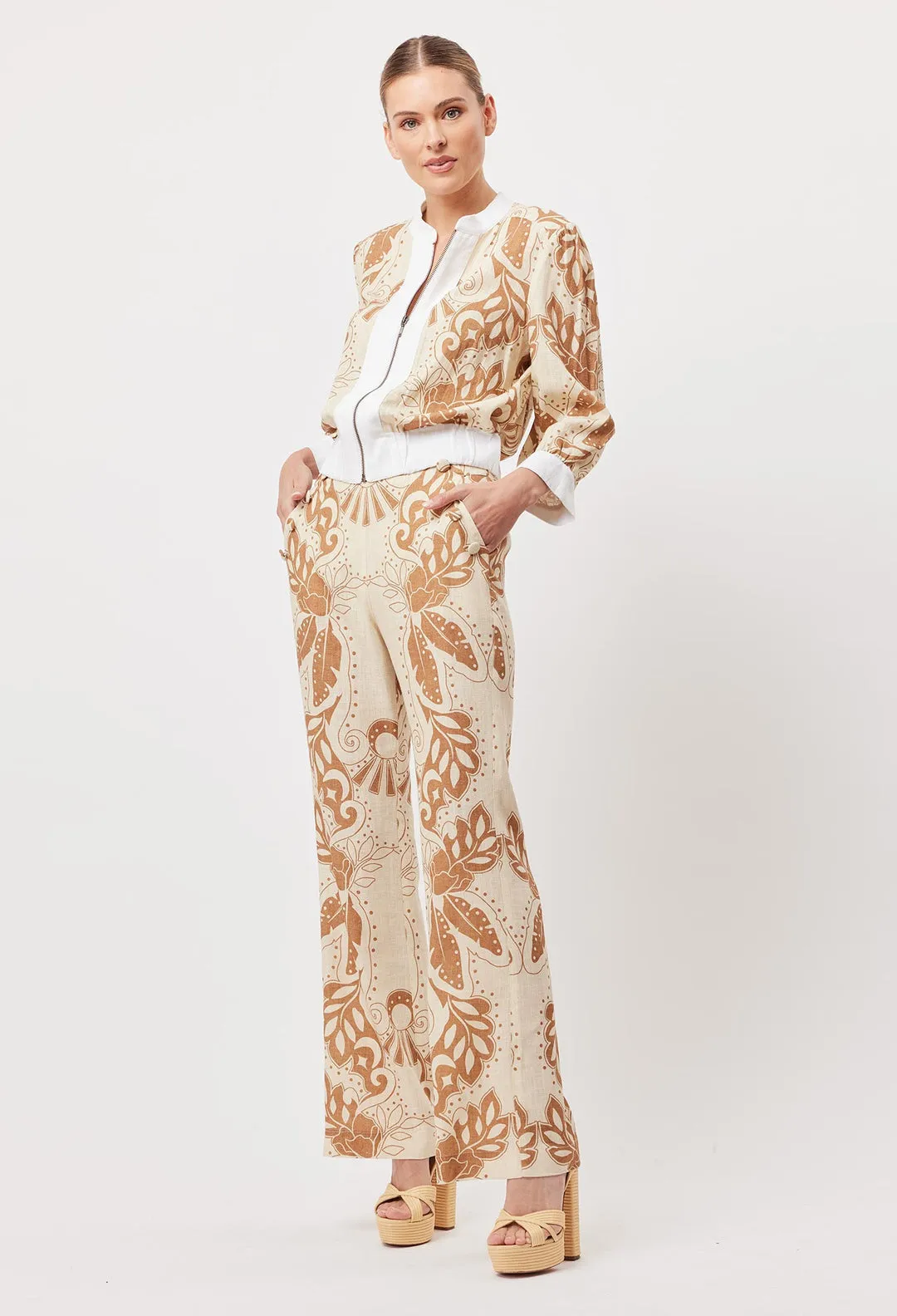 OnceWas Flores Linen Viscose Flared Pant In Arena del Sol