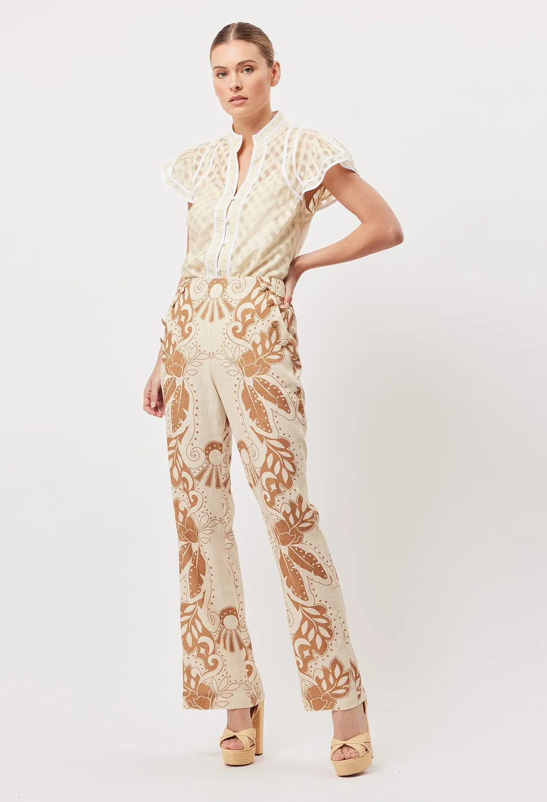 OnceWas Flores Linen Viscose Flared Pant In Arena del Sol