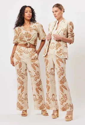 OnceWas Flores Linen Viscose Flared Pant In Arena del Sol
